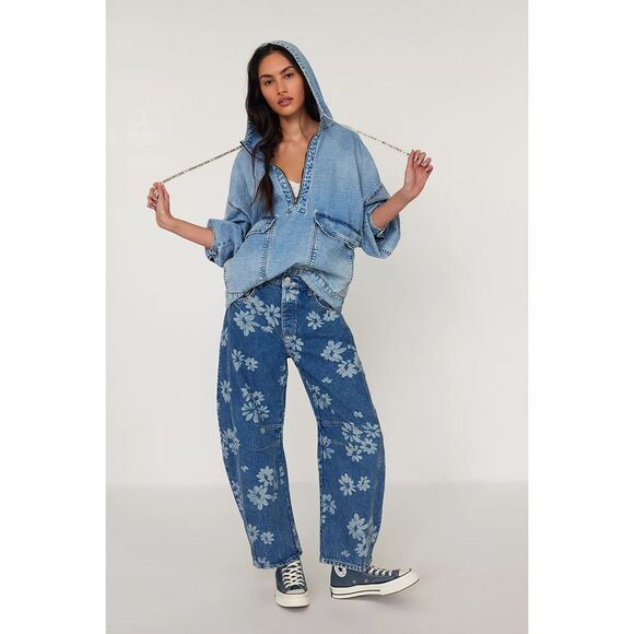 New Free People We The Free Good Luck Printed Barrel Jeans sz  26 - Picture 5 of 11